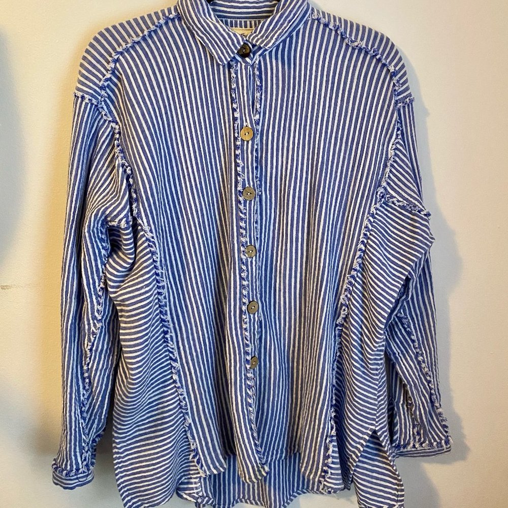 Free People Blue and White Oversized Flannel Top